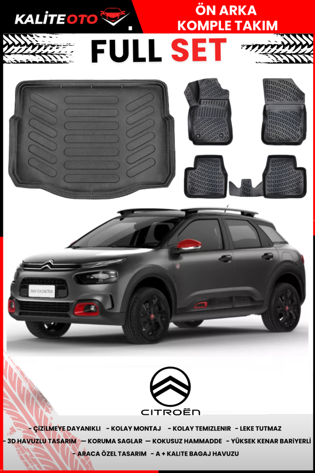 Citroen C4 Cactus 2014 Sonrası 3D Bagaj Havuzu+3D Araca Özel Paspas Takımı