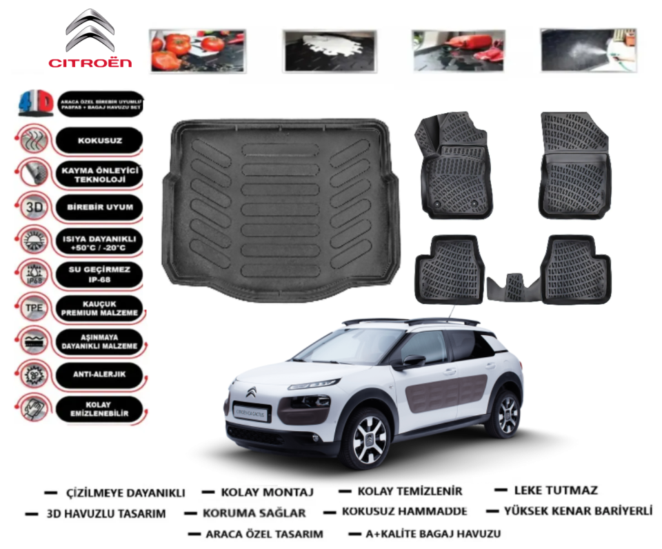 Citroen C4 Cactus 2014 Sonrası 3D Bagaj Havuzu+3D Araca Özel Paspas Takımı