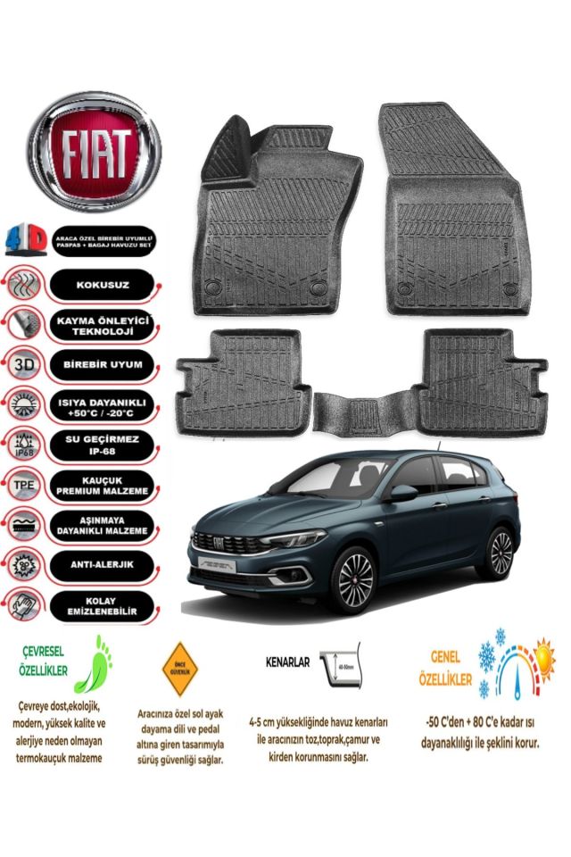 Fiat Egea Hatchback 2015 Model 4D Araca Özel Havuzlu Kokusuz Paspas Takımı