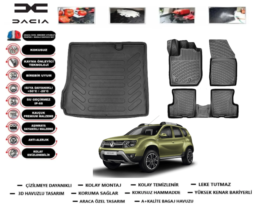 Dacia Duster 4x2 2018-2022 3D Bagaj Havuzu+3D Araca Özel Paspas Takımı