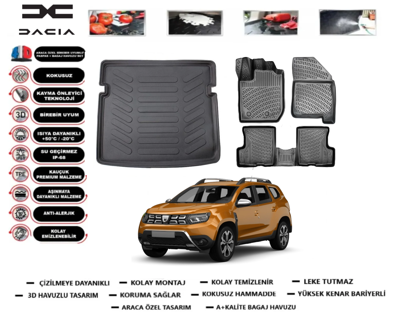 Dacia Duster 4x4 2018-2022 3D Bagaj Havuzu+3D Araca Özel Paspas Takımı