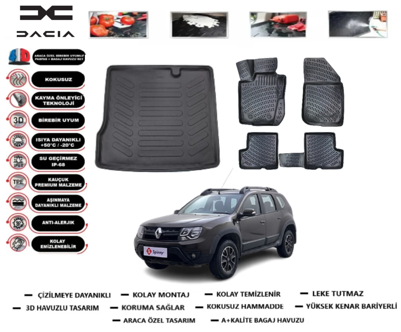 Dacia Duster 4x2 2009-2017 3D Bagaj Havuzu+3D Araca Özel Paspas Takımı