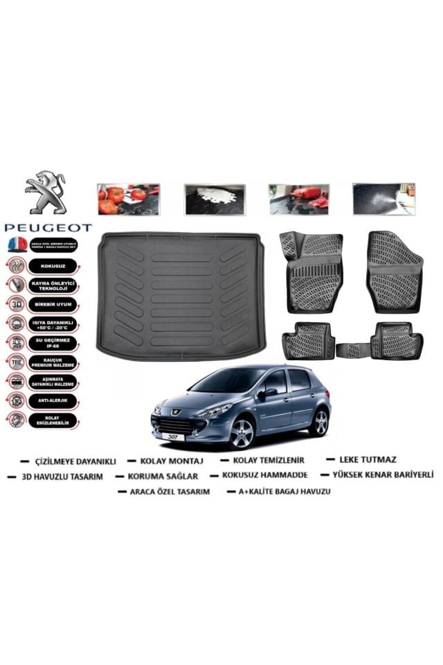 Peugeot 307 HB 2001 Model Bagaj Havuzu Araca Özel Paspas Takımı Flex