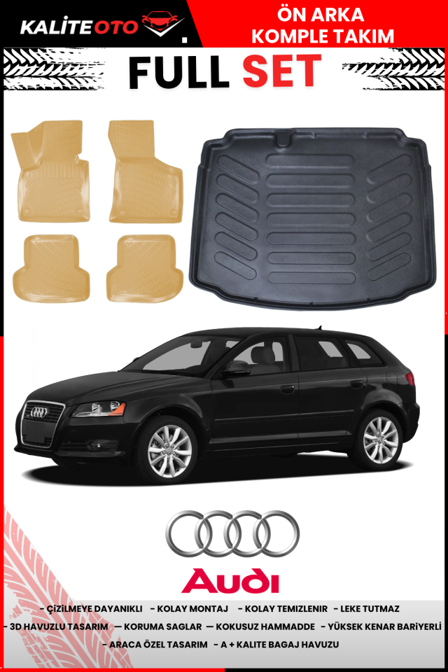 Audi A3 Hatchback 2003-2012 Bagaj Havuzu+Araca Özel Bej Paspas Takımı Flex