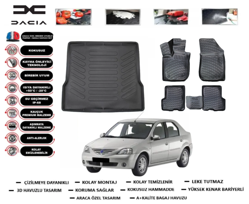 Dacia Logan 2004-2012 3D Bagaj Havuzu+3D Araca Özel Paspas Takımı