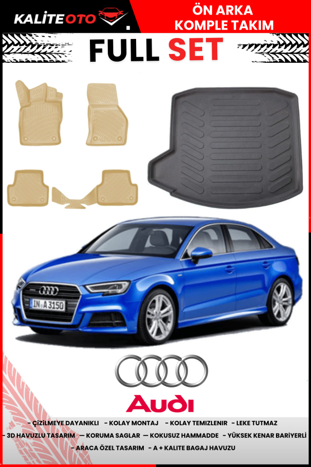 Audi A3 Sedan 2013-2020 Bagaj Havuzu+Araca Özel Bej Paspas Takımı Flex