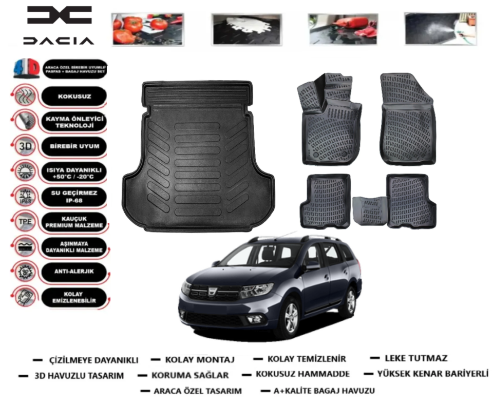 Dacia Logan Mcv 2012 Sonrası 3D Bagaj Havuzu+3D Araca Özel Paspas Takımı