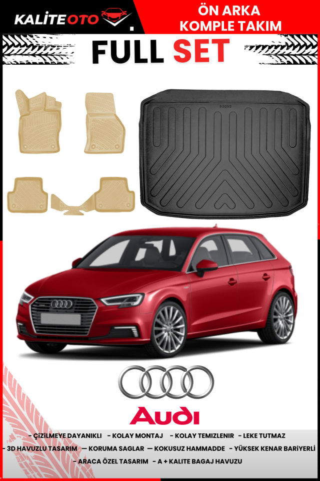 Audi A3 Hatchback 2013-2020 Bagaj Havuzu Araca Özel Bej Paspas Takımı Prrox