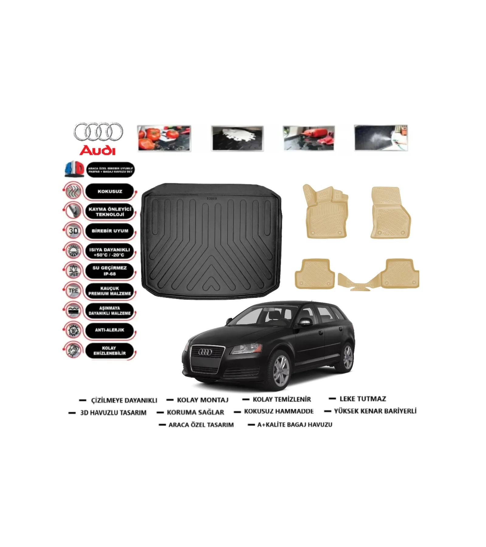 Audi A3 Hatchback 2013-2020 Bagaj Havuzu Araca Özel Bej Paspas Takımı Prrox