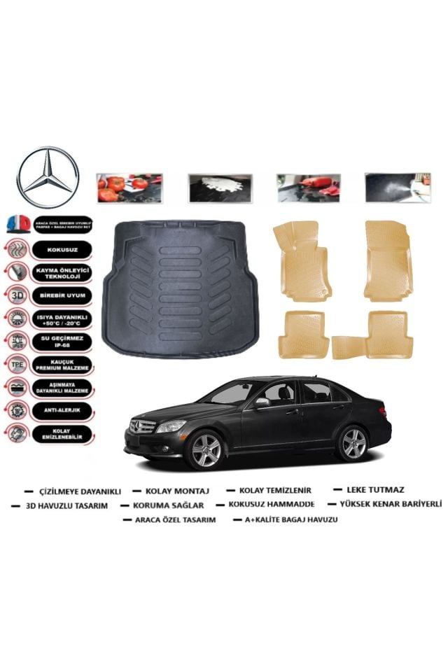 Mercedes C Serisi W204 2010 Model Plastik Setli Bagaj Havuzu+Araca Özel Bej Paspas Takımı Flex