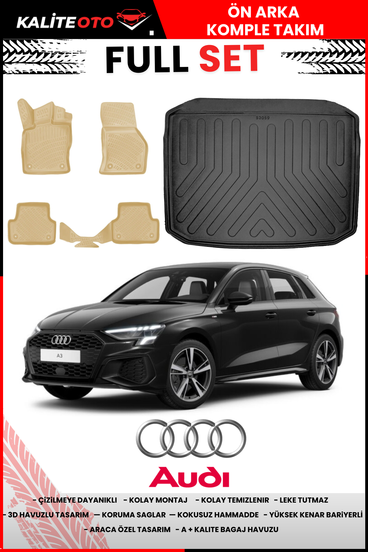 Audi A3 Hatchback 2020 Sonrası Bagaj Havuzu Araca Özel Bej Paspas Takımı