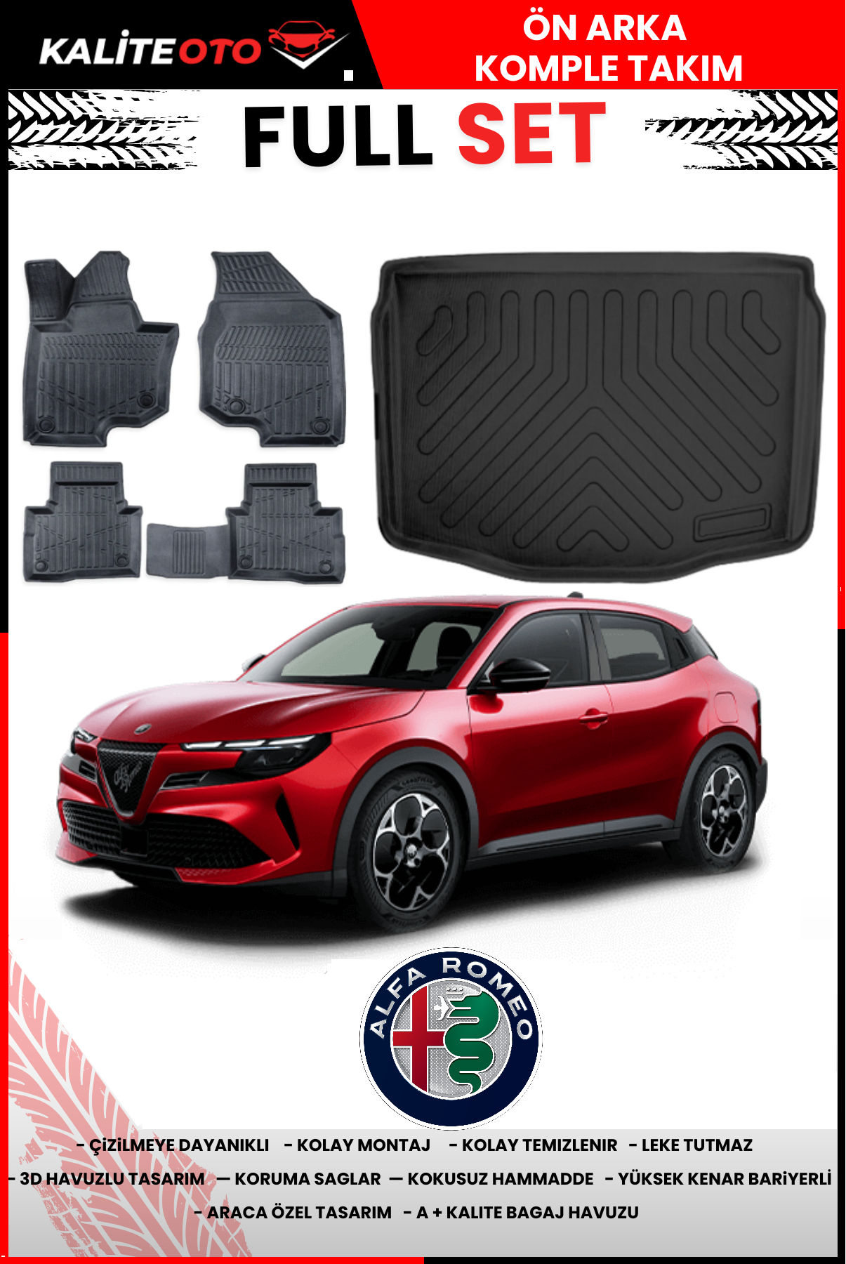 Alfa Romeo Junior Elettrica 2024 Sonrası 3D Bagaj Havuzu+3D Araca Özel Paspas Takımı