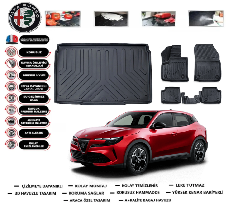 Alfa Romeo Junior Elettrica 2024 Sonrası 3D Bagaj Havuzu+3D Araca Özel Paspas Takımı