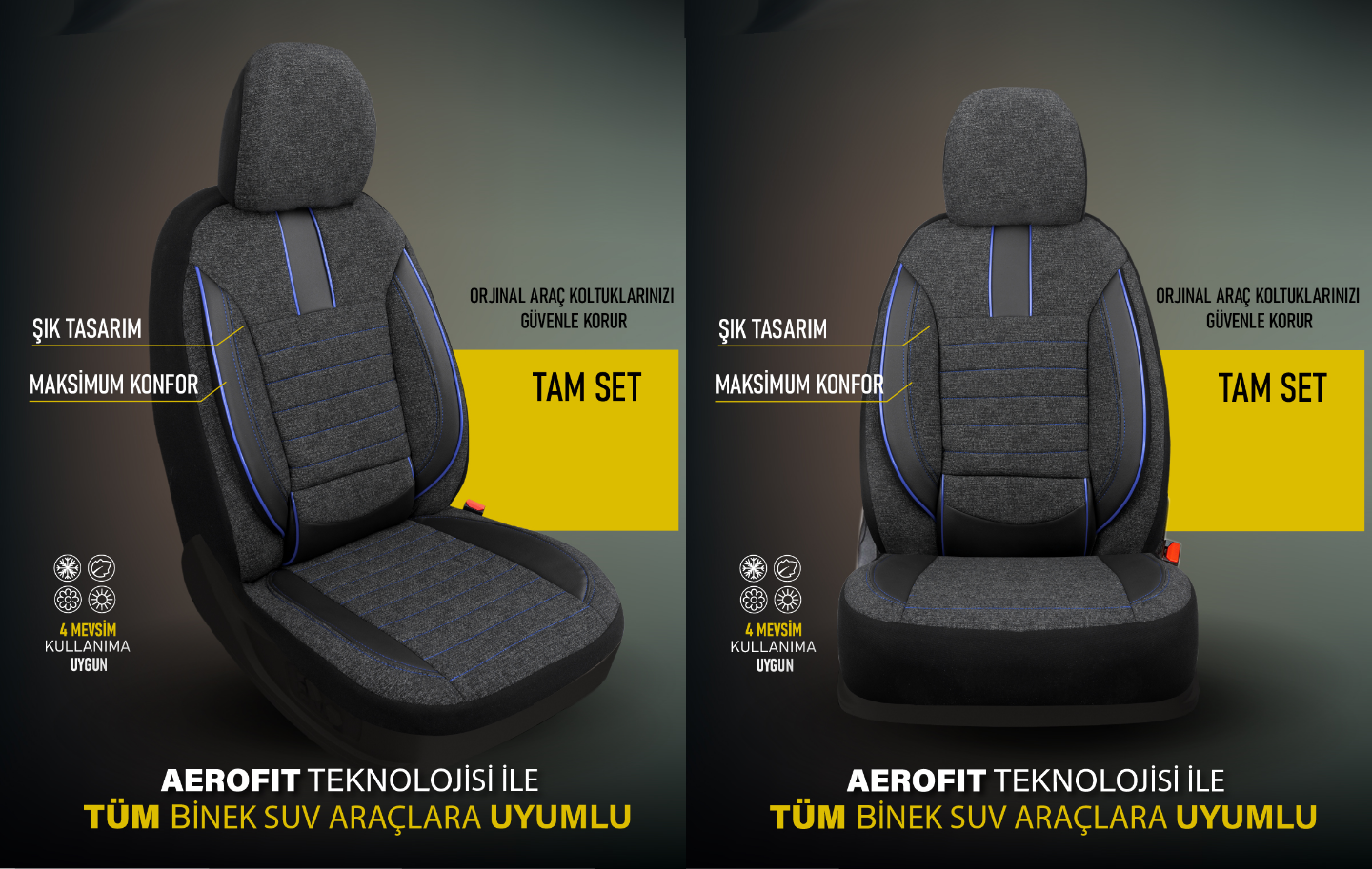 Oto Koltuk Kılıfı Ortopedik Ekstra Destekli Keten Tam Set Siyah-Mavi