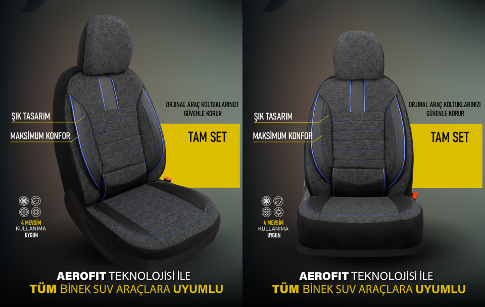 Oto Koltuk Kılıfı Ortopedik Ekstra Destekli Keten Tam Set Siyah-Mavi