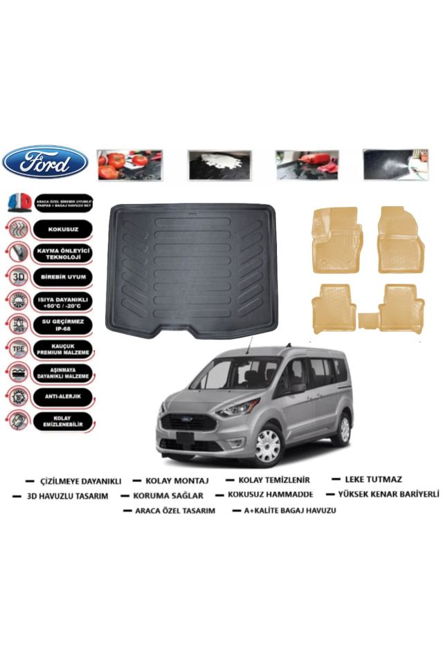Ford Tourneo Connect 2013 Model Bagaj Havuzu+Araca Özel Bej Paspas Takımı Flex