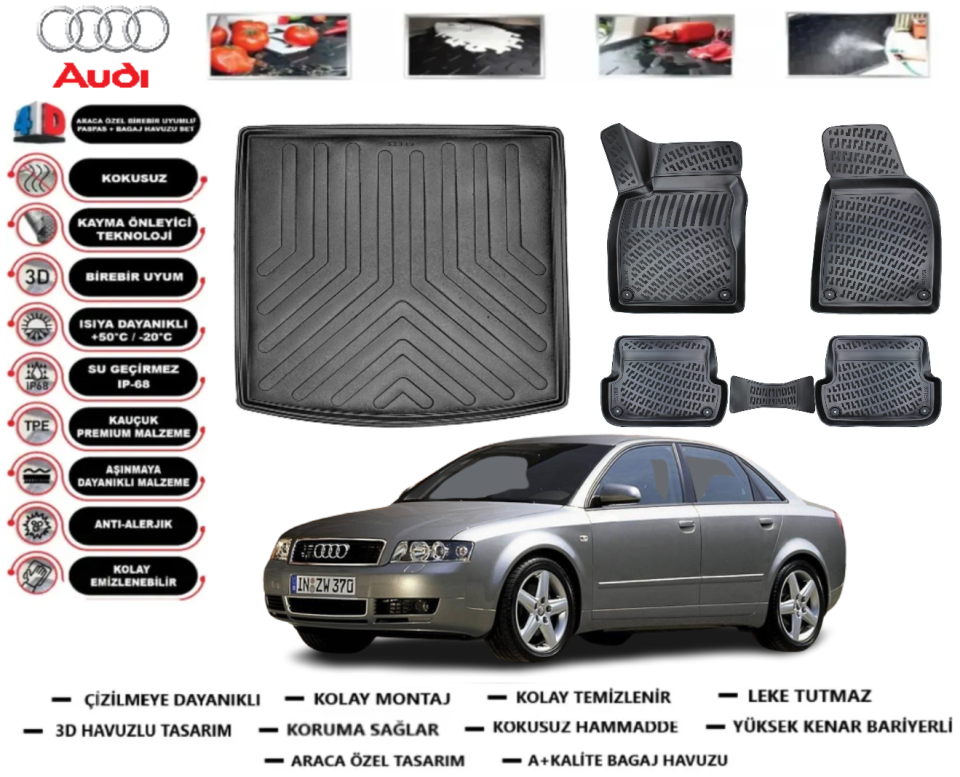 Audi A4 2001-2008 3D Bagaj Havuzu+3D Araca Özel Paspas Takımı