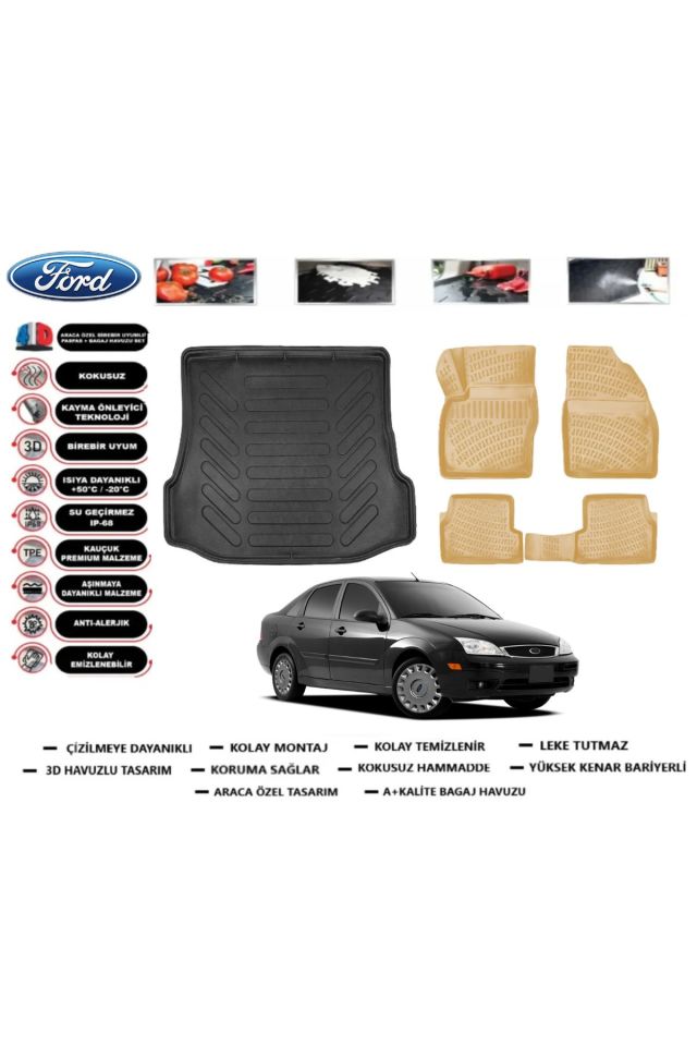 Ford Focus 1 Sedan 1999 Model Bagaj Havuzu+Araca Özel Bej Paspas Takımı Flex