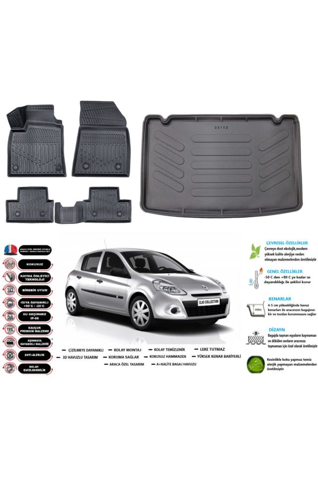 Renault Clio 3 2009 Model Kancalı Esnek Bagaj Havuzu Araca Özel Siyah Paspas Takımı