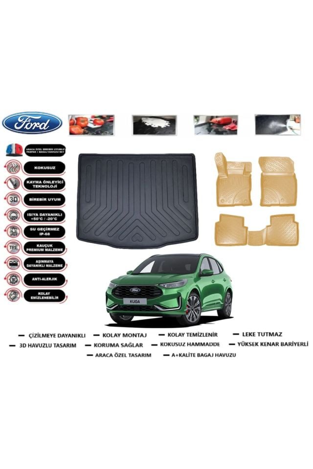 Ford Kuga 2024 Model Bagaj Havuzu+Araca Özel Bej Paspas Takımı Flex