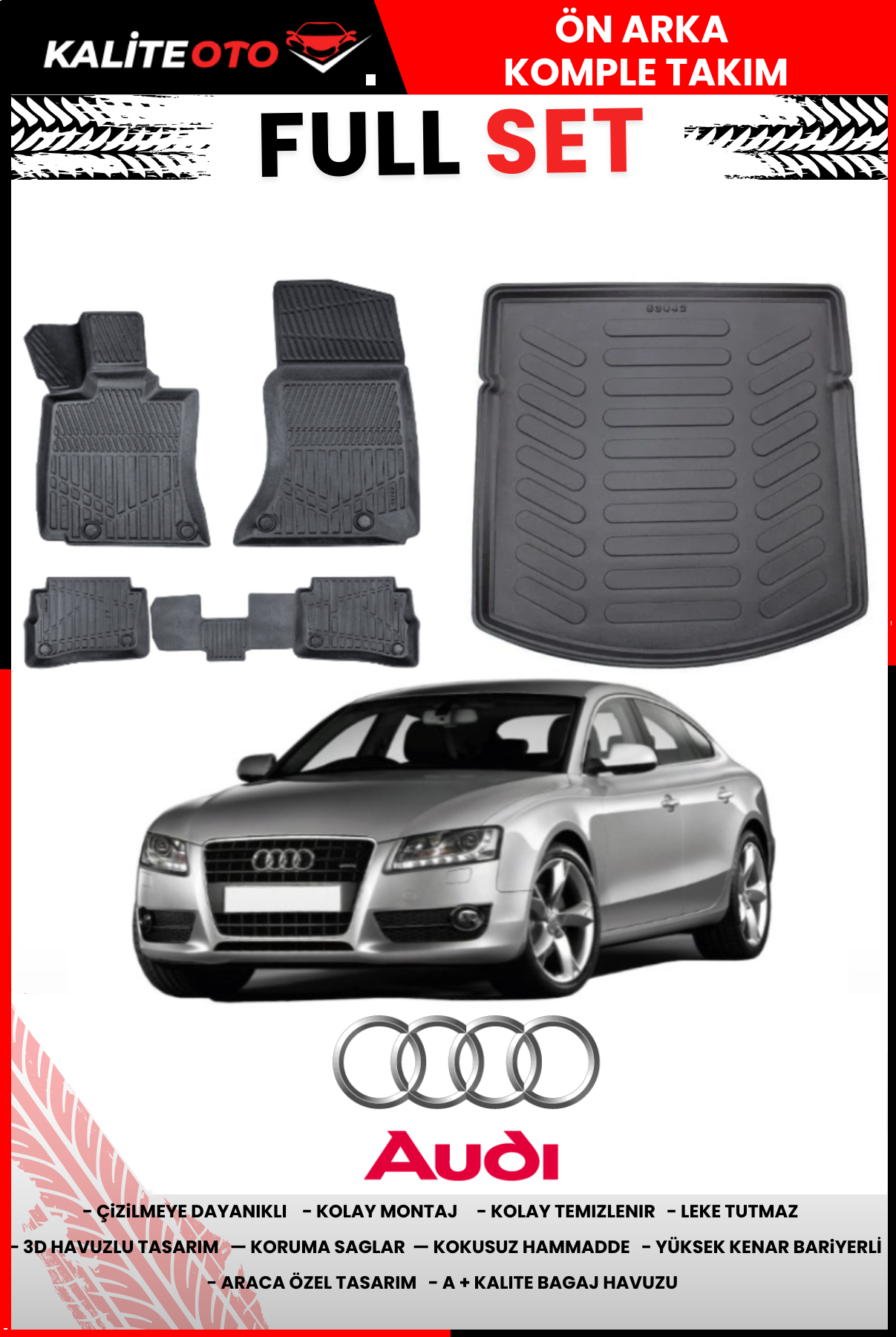 Audi A5 2008-2015 3D Bagaj Havuzu+3D Araca Özel Paspas Takımı