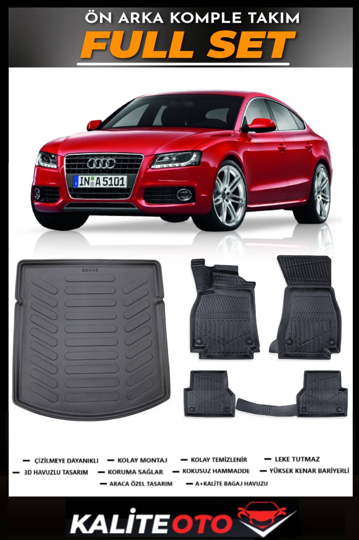 Audi A5 2008-2015 3D Bagaj Havuzu+3D Araca Özel Paspas Takımı