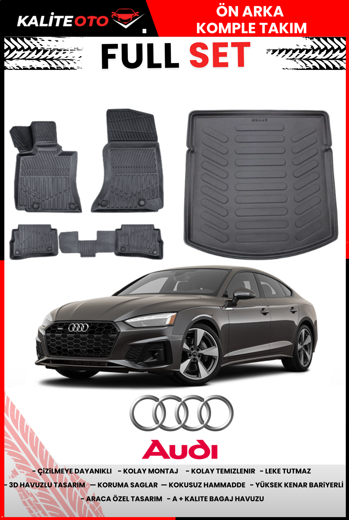 Audi A5 2015 Sonrası 3D Bagaj Havuzu+3D Araca Özel Paspas Takımı