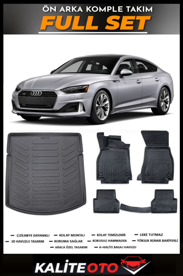Audi A5 2015 Sonrası 3D Bagaj Havuzu+3D Araca Özel Paspas Takımı