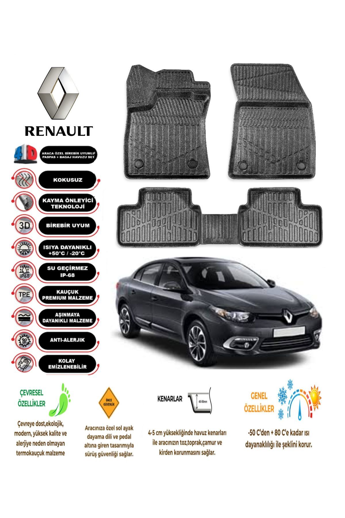 Renault Fluence 2014 Model 4D Araca Özel Havuzlu Paspas Takımı