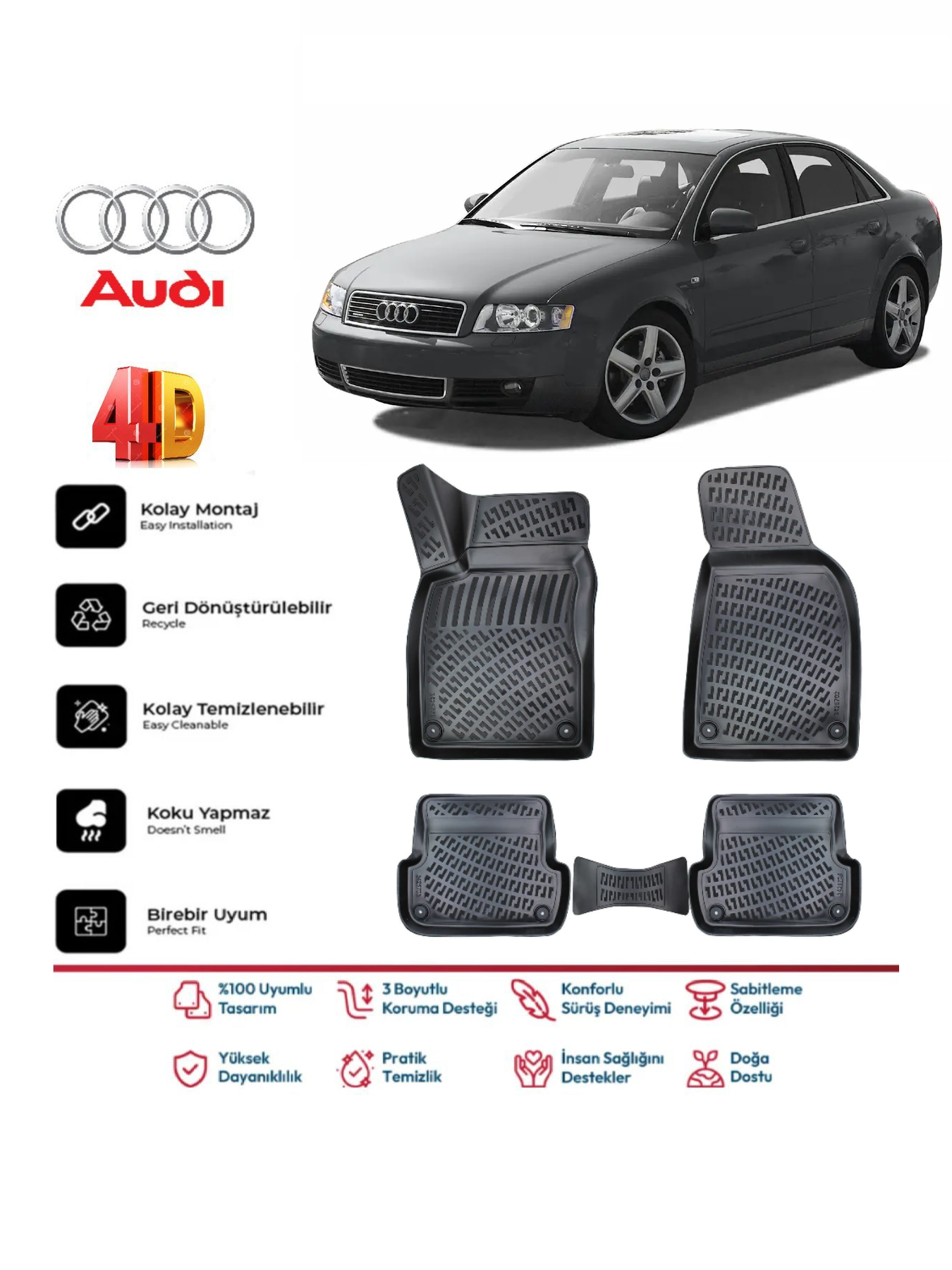 Audi A4 2001-2008 4.5D Plus Havuzlu Siyah Paspas Takımı Yumuşak