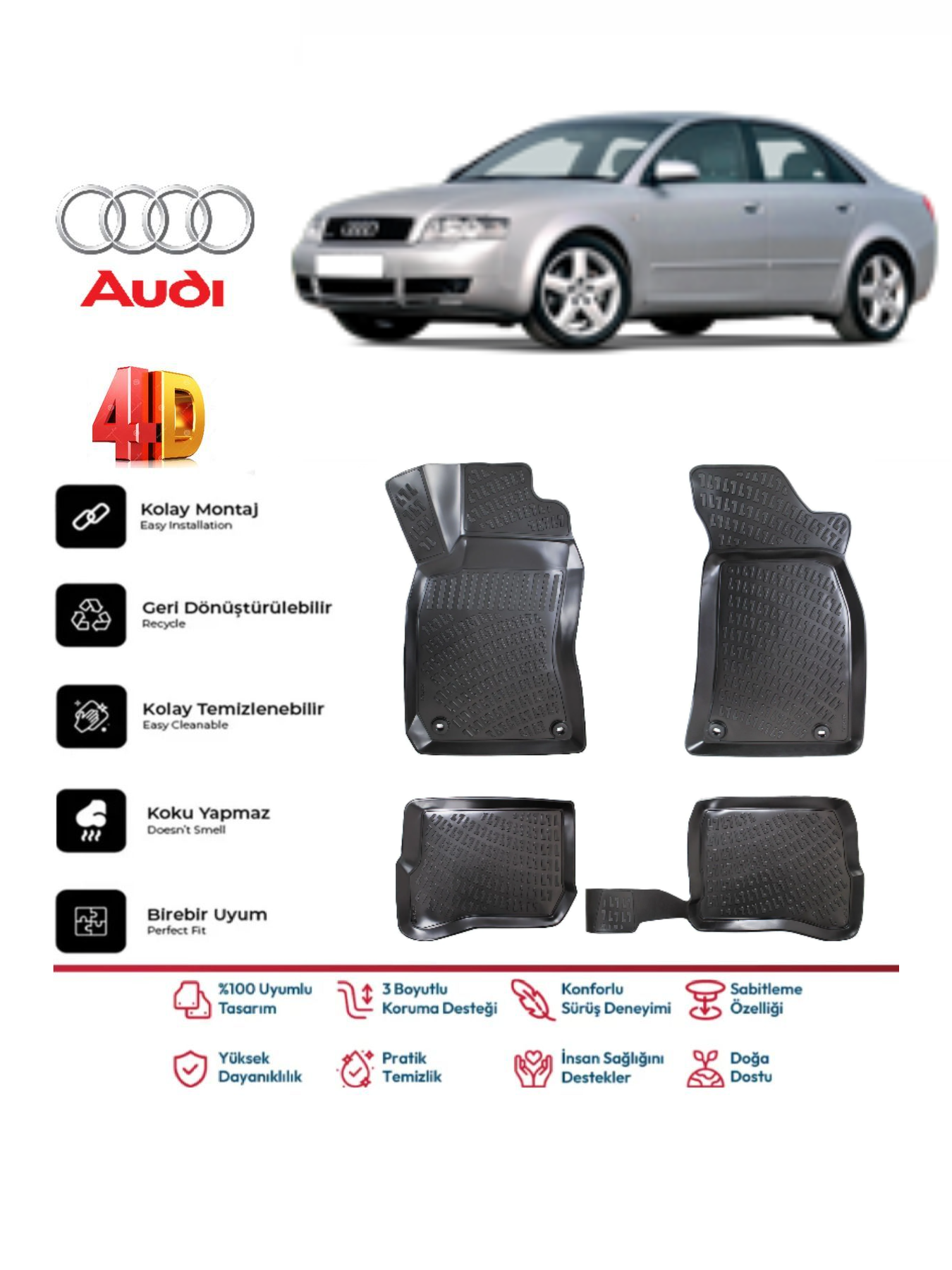 Audi A4 1995-2001 4.5D Plus Havuzlu Siyah Paspas Takımı Yumuşak