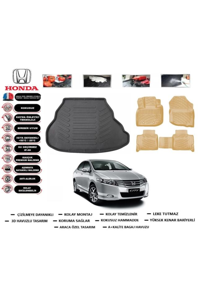 Honda City 2013 Model Bagaj Havuzu+Araca Özel Bej Paspas Takımı Flex