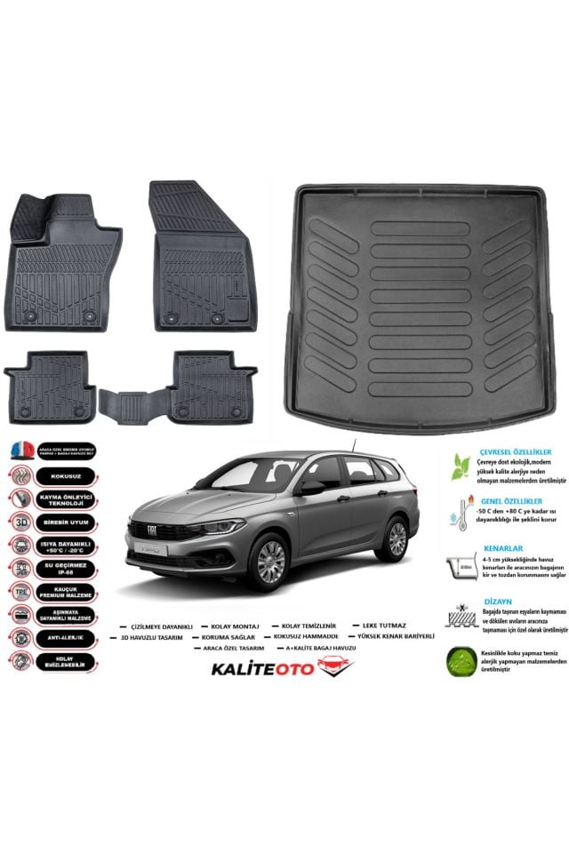 Fiat Egea Station Vagon 2022 Model Üst Esnek Bagaj Havuzu Araca Özel Siyah Paspas Takımı
