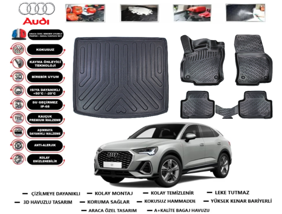 Audi Q3 2018 Sonrası 3D Bagaj Havuzu+3D Araca Özel Paspas Takımı