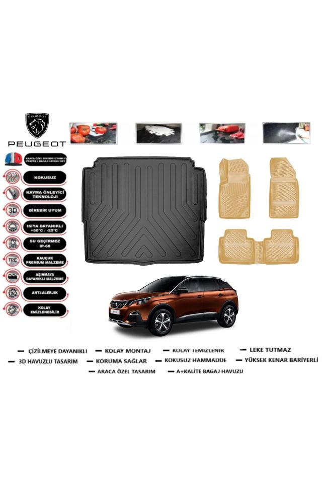 Peugeot 3008 2019 Model Alt Bagaj Havuzu+Araca Özel Bej Paspas Takımı Flex