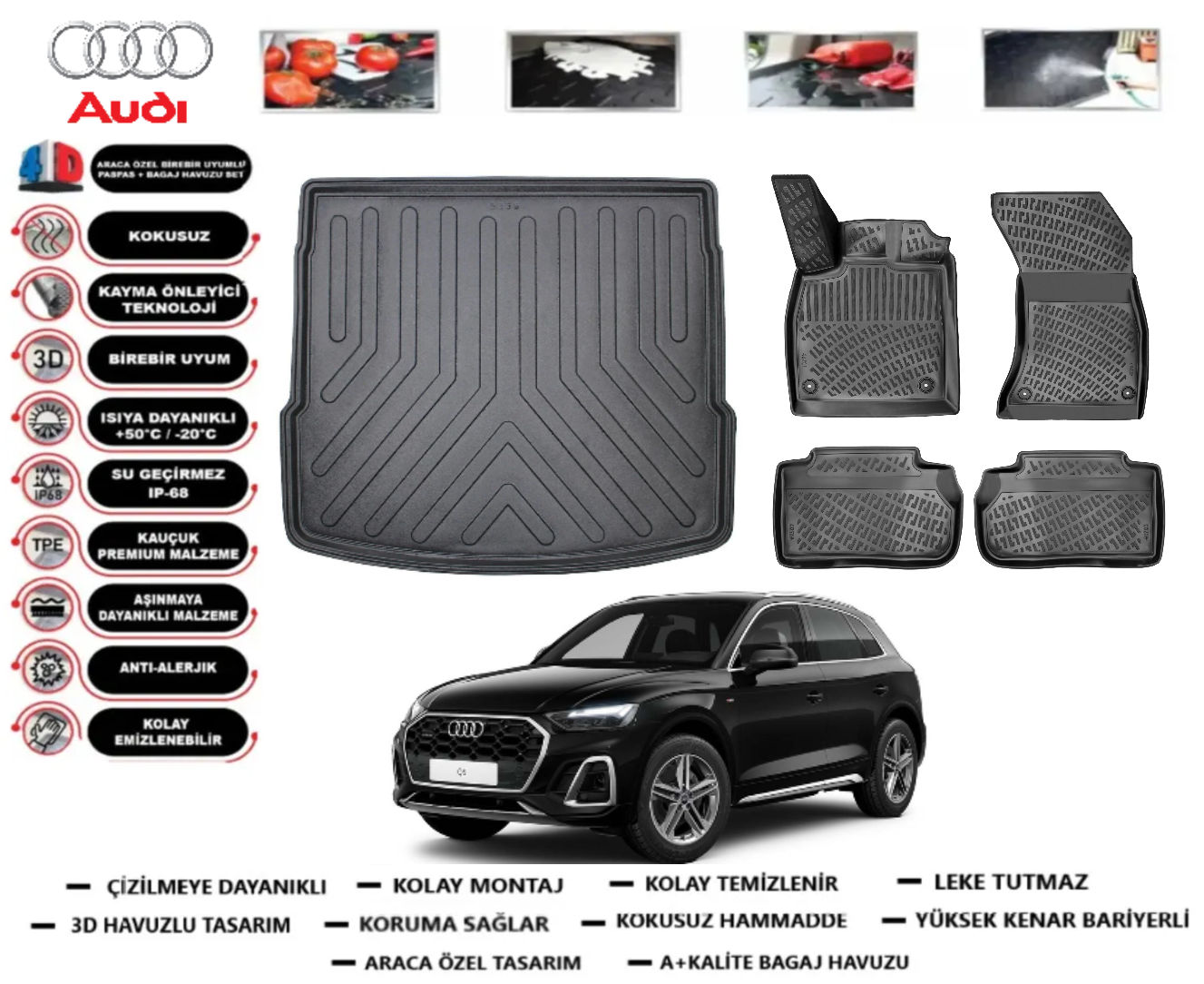 Audi Q5 2016 Sonrası 3D Bagaj Havuzu+3D Araca Özel Paspas Takımı