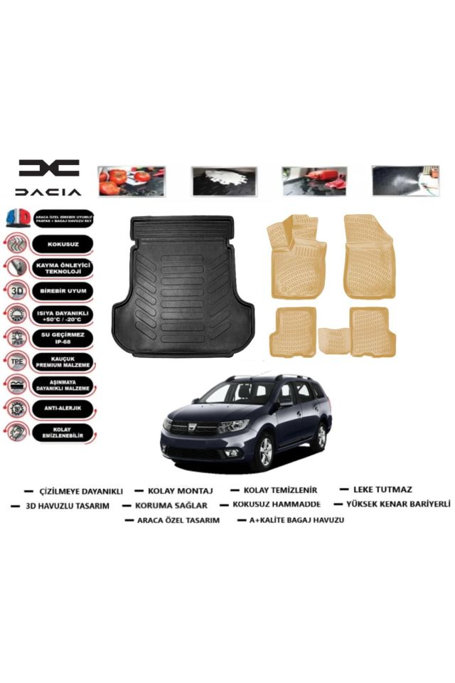 Dacia Logan MCV 2016 Model Bagaj Havuzu+Araca Özel Bej Paspas Takımı Flex