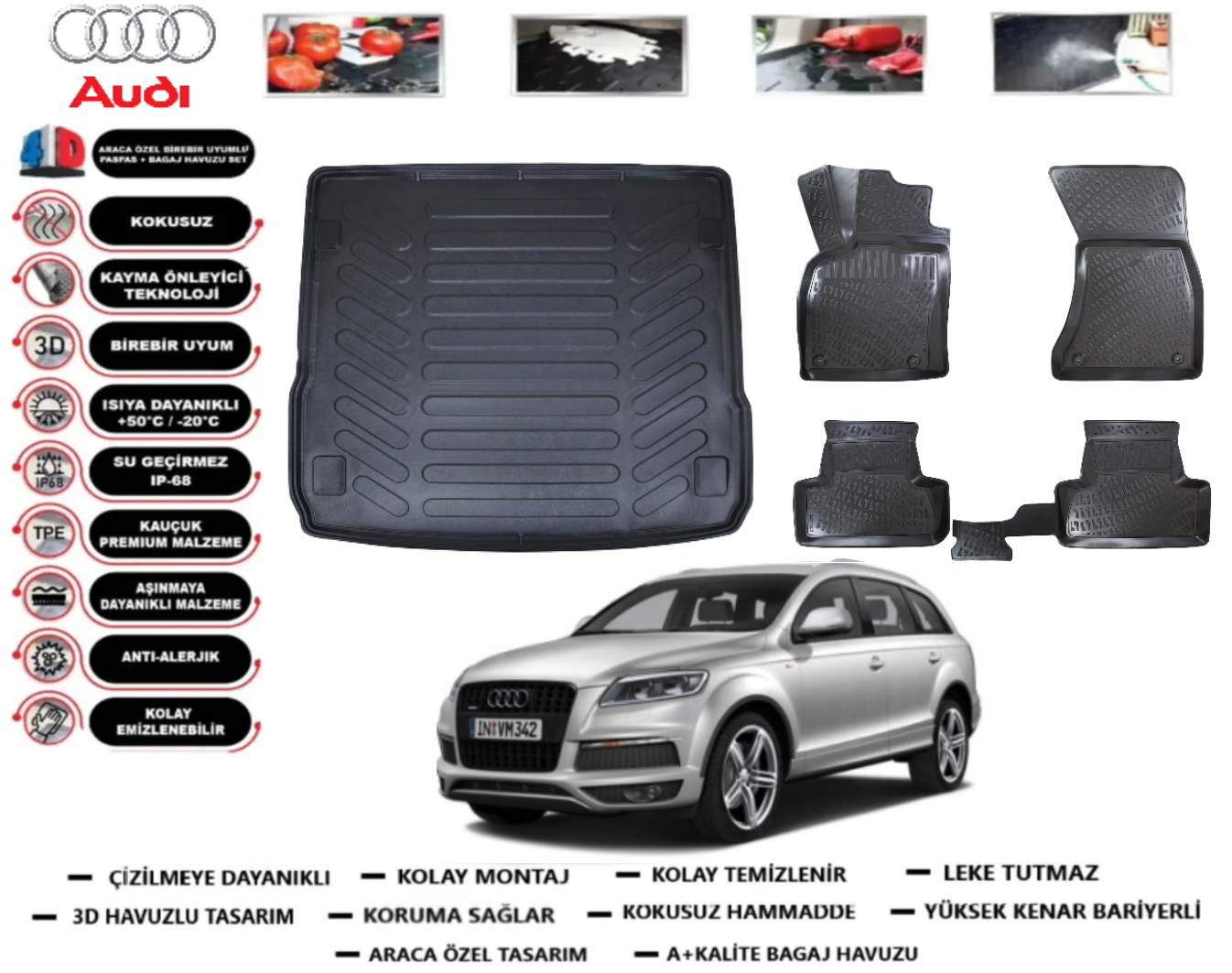 Audi Q7 2006-2015 3D Bagaj Havuzu+3D Araca Özel Paspas Takımı