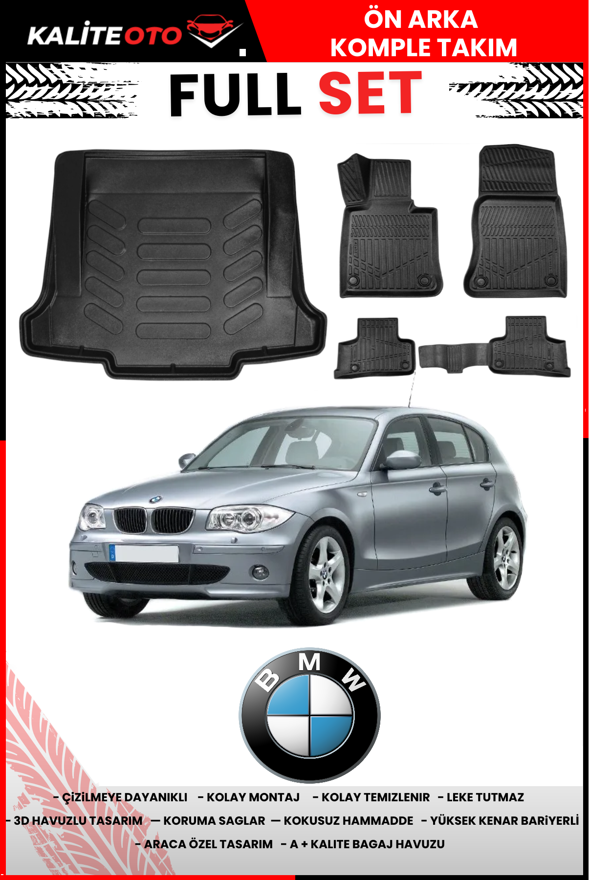 Bmw 1 Serisi E87 2004-2010 Bagaj Havuzu+3D Araca Özel Havuzlu Paspas Takımı