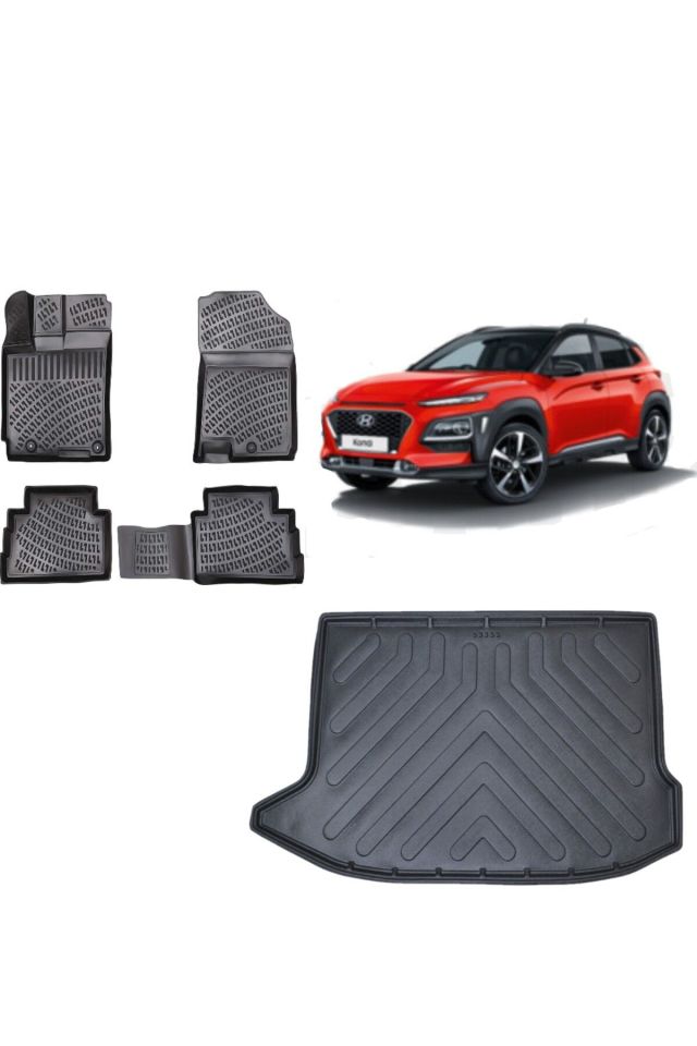 Hyundai Kona 2018 Elektrikli Model (TEK CEPLİ) 3D Bagaj Havuzu+3D Havuzlu Araca Özel Paspas Takımı