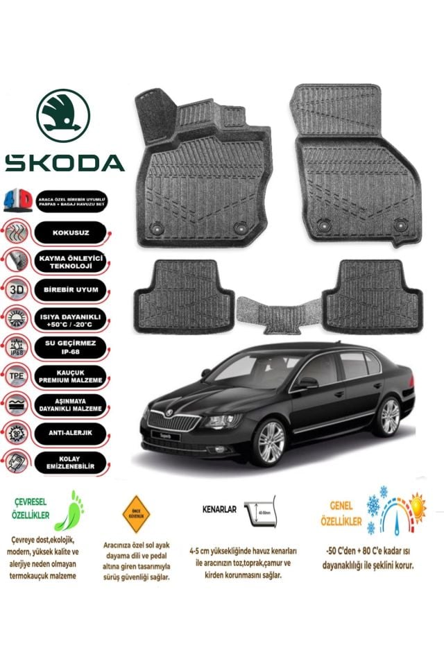 Skoda Super B 2013 Model 4D Araca Özel Havuzlu Paspas Takımı