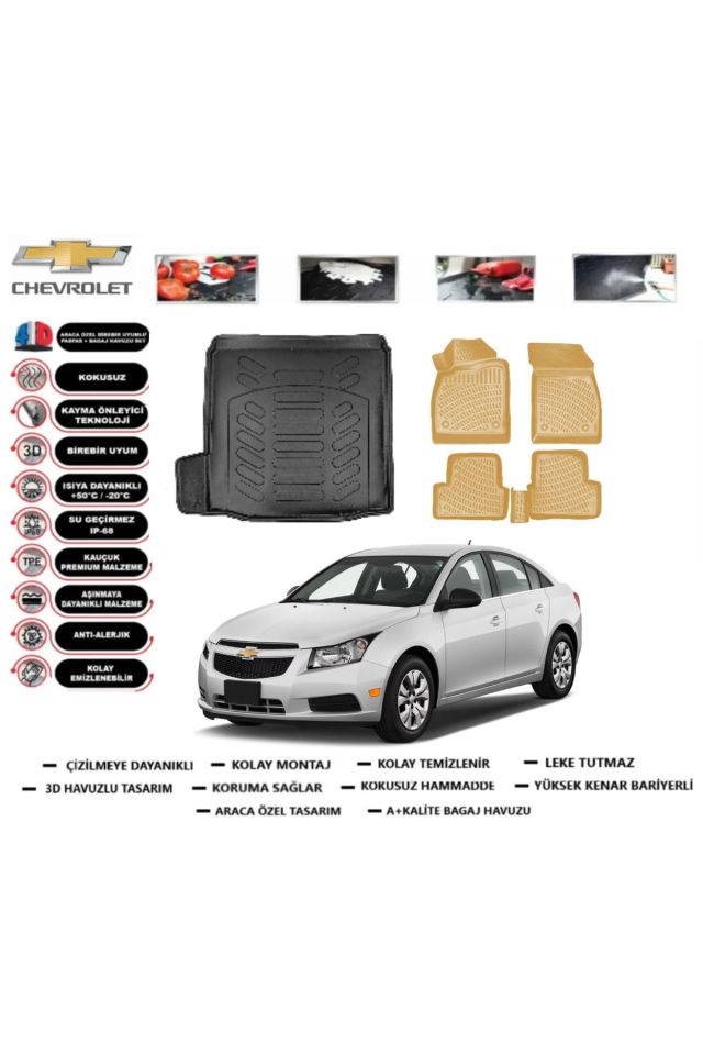Chevrolet Cruze Sedan Tek Kulak 2016 Model Bagaj Havuzu+Araca Özel Bej Paspas Takımı Flex