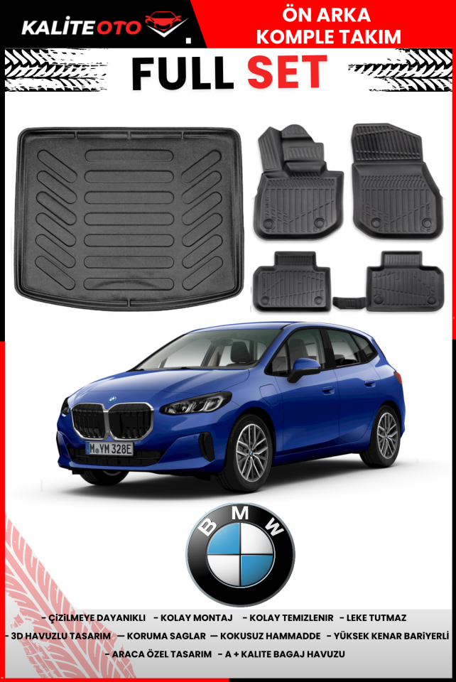 Bmw 2 Serisi Active Tourer Plug İn Hybrid 2021 Sonrası 3D Bagaj Havuzu+3D Araca Özel Havuzlu Paspas Takımı