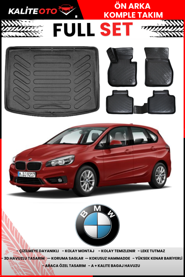 Bmw 2 Serisi Active Tourer 2014-2020 3D Bagaj Havuzu+3D Araca Özel Havuzlu Paspas Takımı