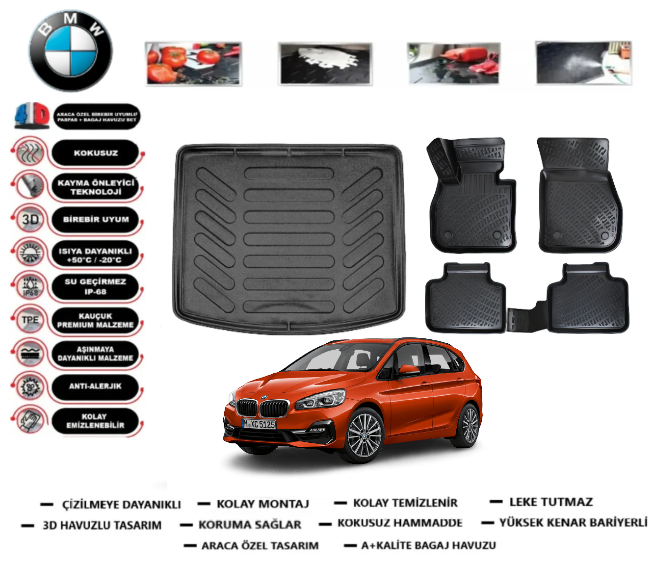 Bmw 2 Serisi Active Tourer 2014-2020 3D Bagaj Havuzu+3D Araca Özel Havuzlu Paspas Takımı