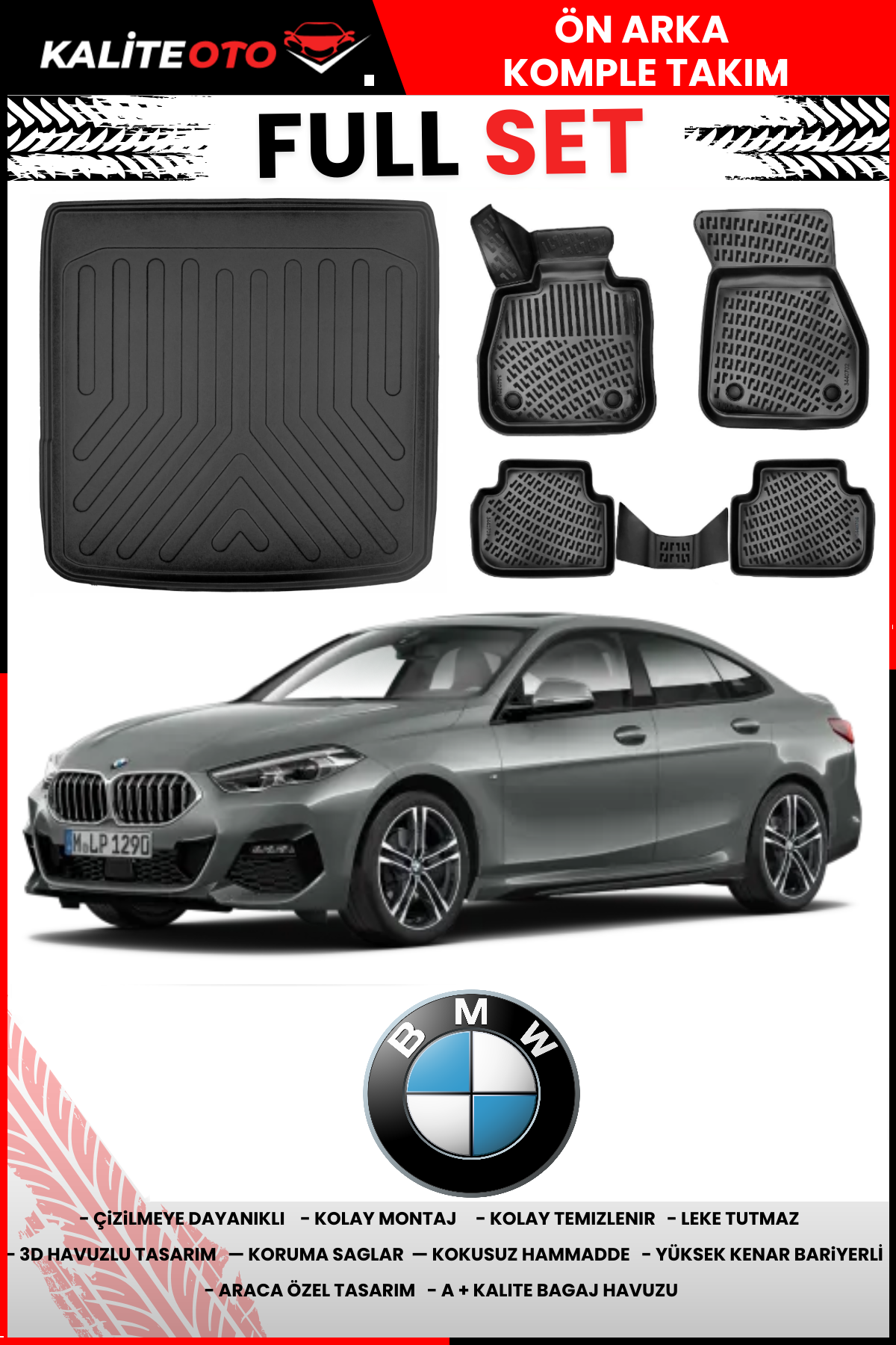 Bmw 2 Serisi F44 Gran Coupe 2019 Sonrası Üst Bagaj Havuzu+3D Araca Özel Havuzlu Paspas Takımı