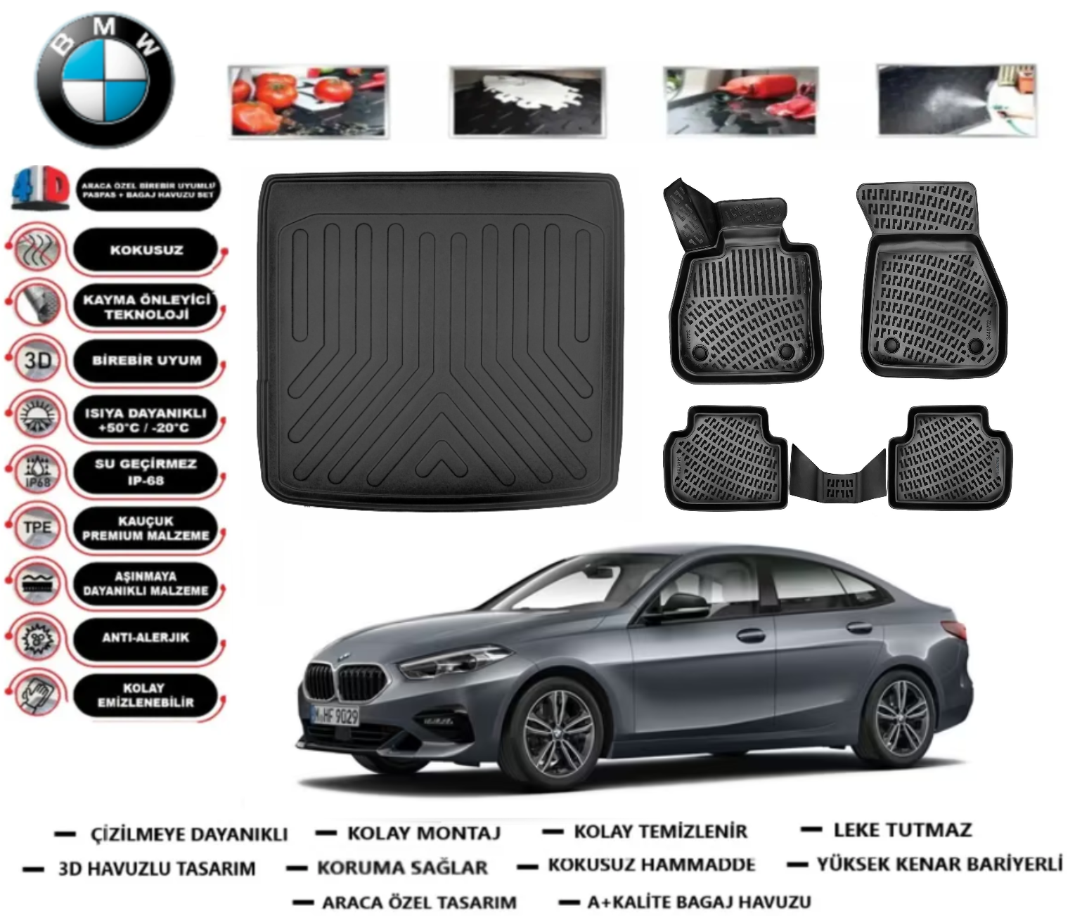Bmw 2 Serisi F44 Gran Coupe 2019 Sonrası Üst Bagaj Havuzu+3D Araca Özel Havuzlu Paspas Takımı