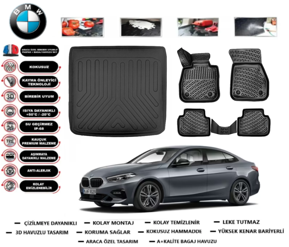 Bmw 2 Serisi F44 Gran Coupe 2019 Sonrası Üst Bagaj Havuzu+3D Araca Özel Havuzlu Paspas Takımı