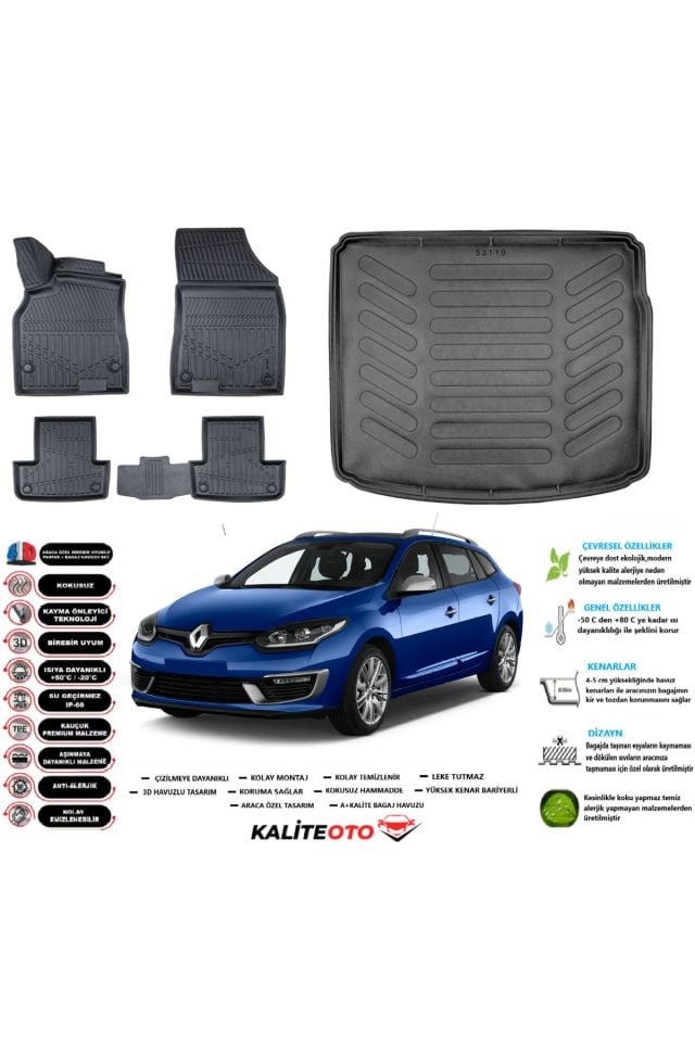 Renault Megane 3 Sporttourer 2010 Model Esnek Bagaj Havuzu Araca Özel Siyah Paspas Takımı