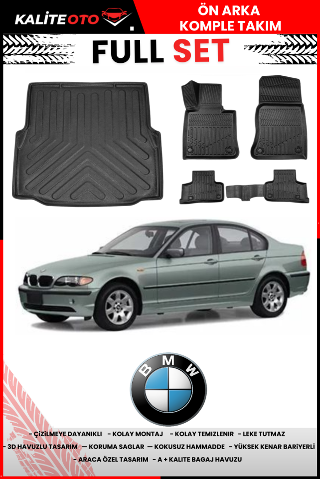 Bmw 3 Serisi E46 1997-2006 Bagaj Havuzu+3D Araca Özel Havuzlu Paspas Takımı